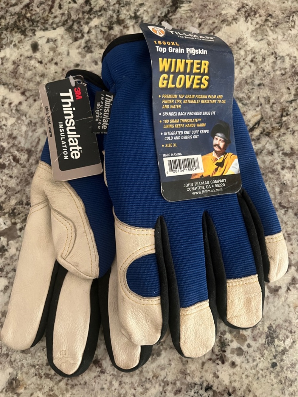 Blue and Cream Pigskin Thinsulate Winter Gloves